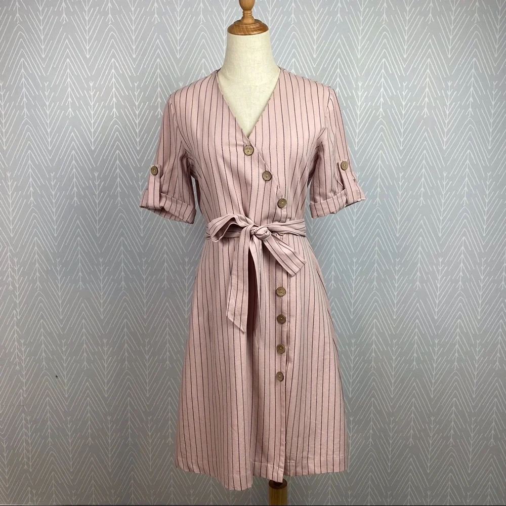 HYFVE Pink Striped Print Short Sleeve Waist Tie Dress. - Picture 3 of 10